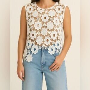 House of Harlow Sheer Floral Lace Tank Top One Size White